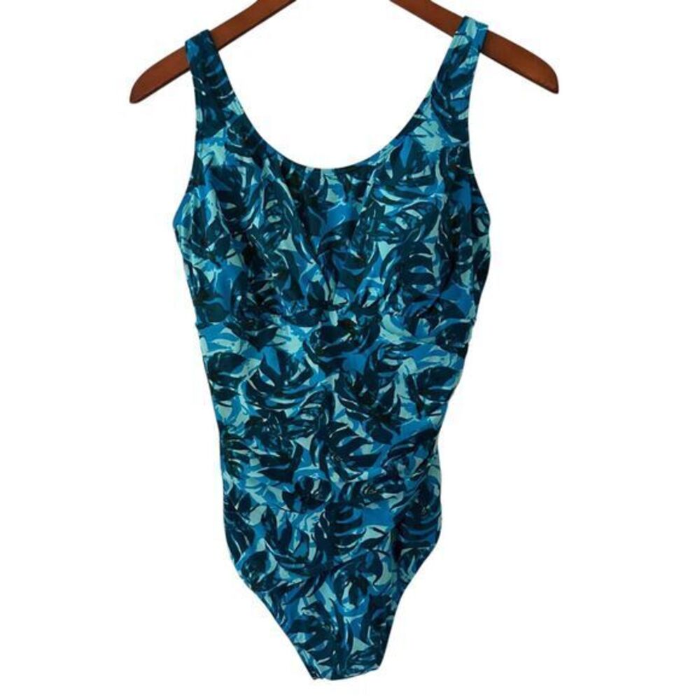 L.L. Bean Teal Floral One Piece Nylon Scoop Swimsuit Adjustable Straps 10 Reg